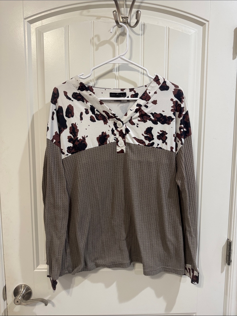 Cow Print Waffle Henley Long Sleeve Top - Taupe/White